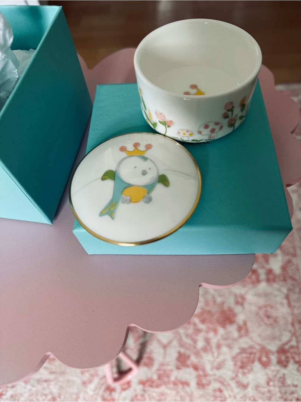 Tiffany & Co Ceramic Baby Trinket Box with Crowned Bird Lid